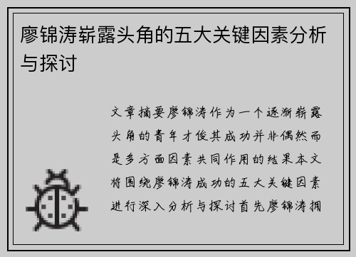 廖锦涛崭露头角的五大关键因素分析与探讨