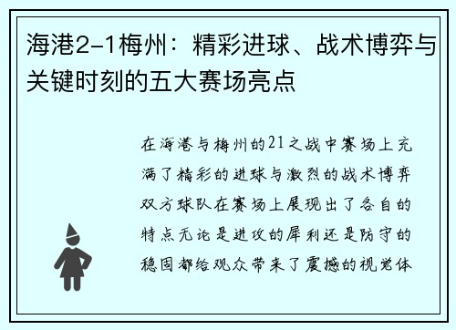 海港2-1梅州：精彩进球、战术博弈与关键时刻的五大赛场亮点