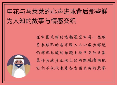 申花与马莱莱的心声进球背后那些鲜为人知的故事与情感交织