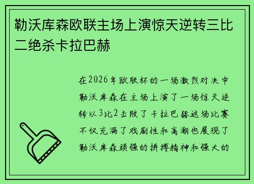 勒沃库森欧联主场上演惊天逆转三比二绝杀卡拉巴赫