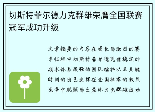 切斯特菲尔德力克群雄荣膺全国联赛冠军成功升级